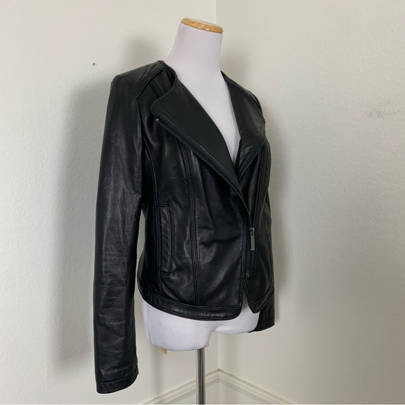 Michael Kors Genuine Leather Asymmetrical Zip Moto Jacket  Womens S Butter Black - Picture 10 of 17